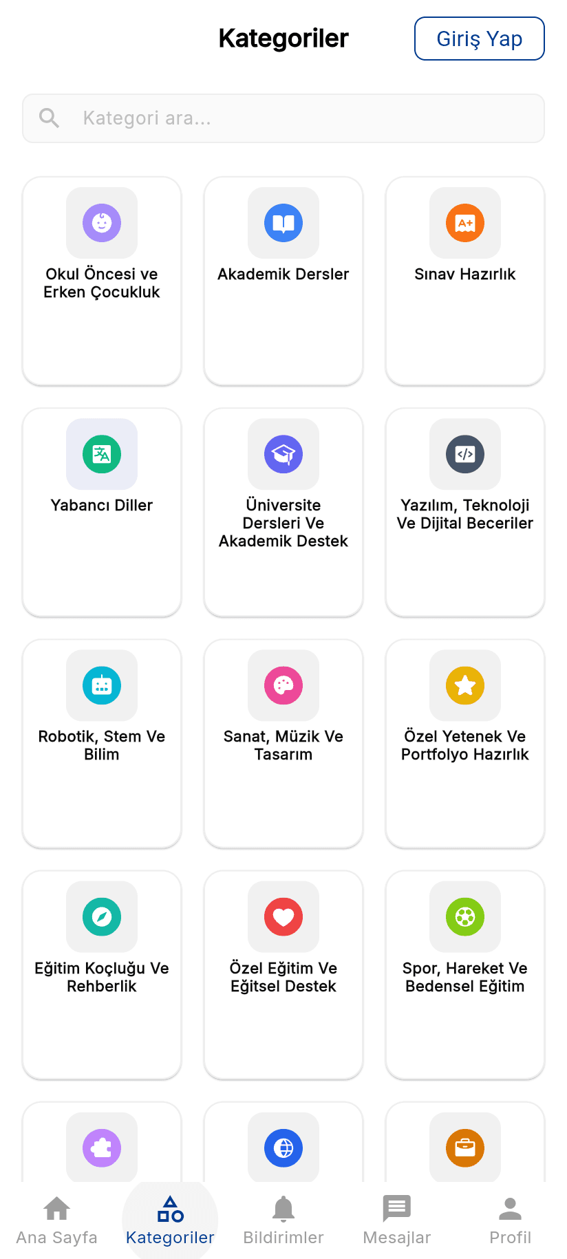 Categories in the Tutoryum Android app
